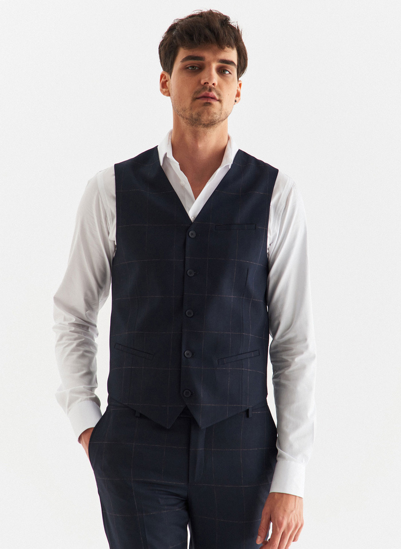 Granatowa kamizelka garniturowa w kratę Windowpane