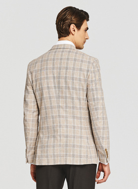 Beżowa marynarka w kratkę z lnem i bawełną