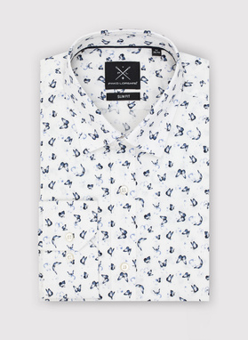 Biała koszula męska w granatowe motylki