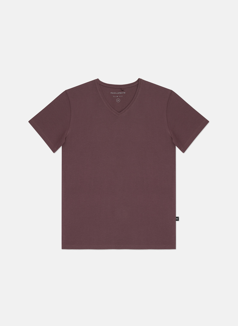 Bordowy gładki t-shirt v-neck