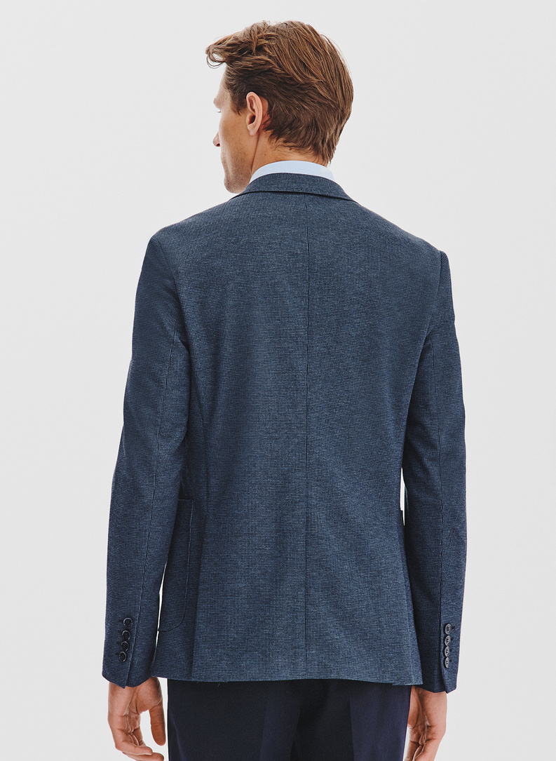 Granatowa marynarka w pepitkę z dzianiny