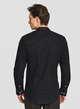 Lniana czarna koszula z kołnierzem stójką