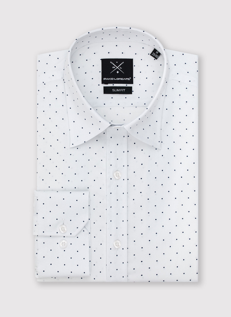 Biała koszula męska w granatowe kropki