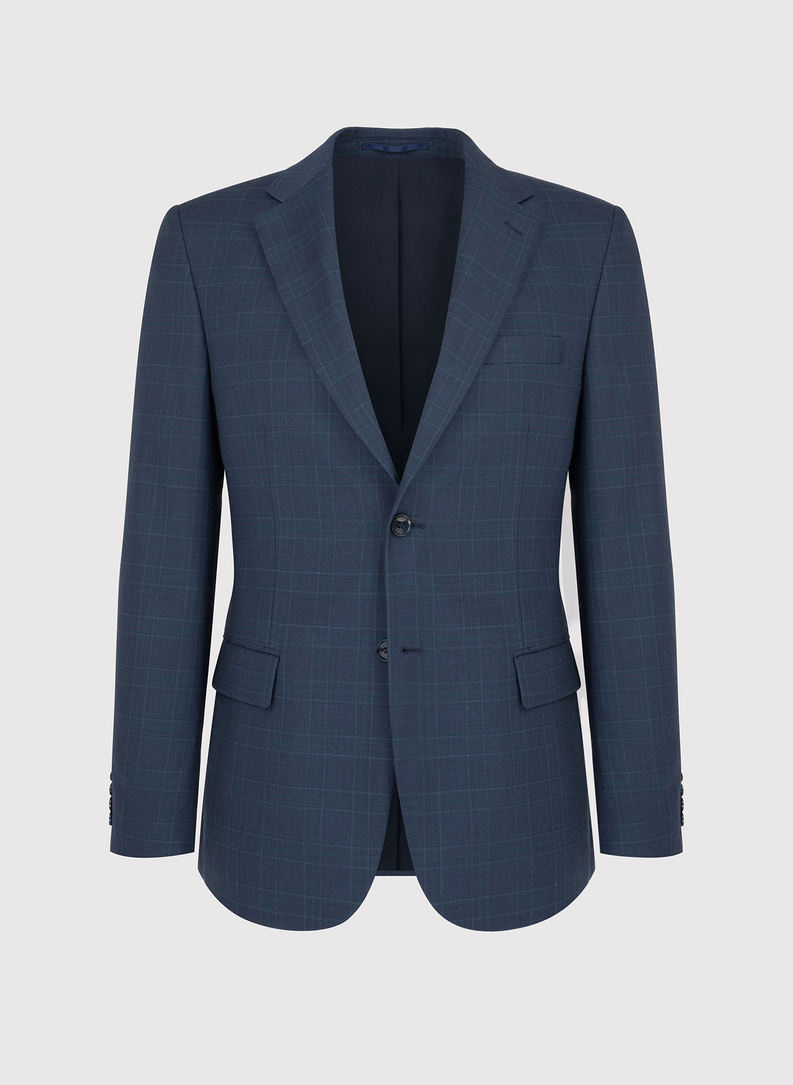 Wełniany granatowy garnitur w subtelną kratkę