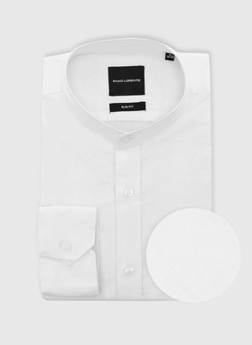 Lniana biała koszula z kołnierzem stójką