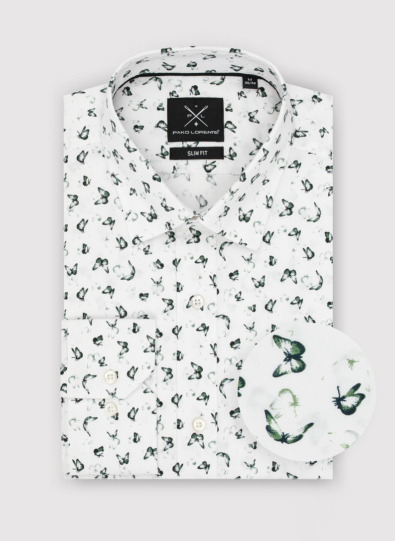 Biała koszula męska w zielone motylki