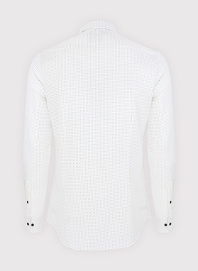 Biała koszula w granatowo-beżowy mikrowzór