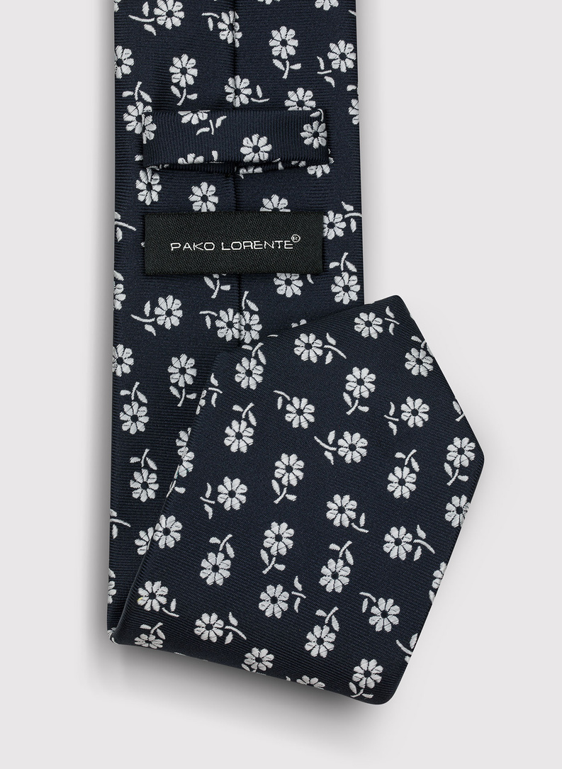 Granatowy krawat w srebrne kwiaty