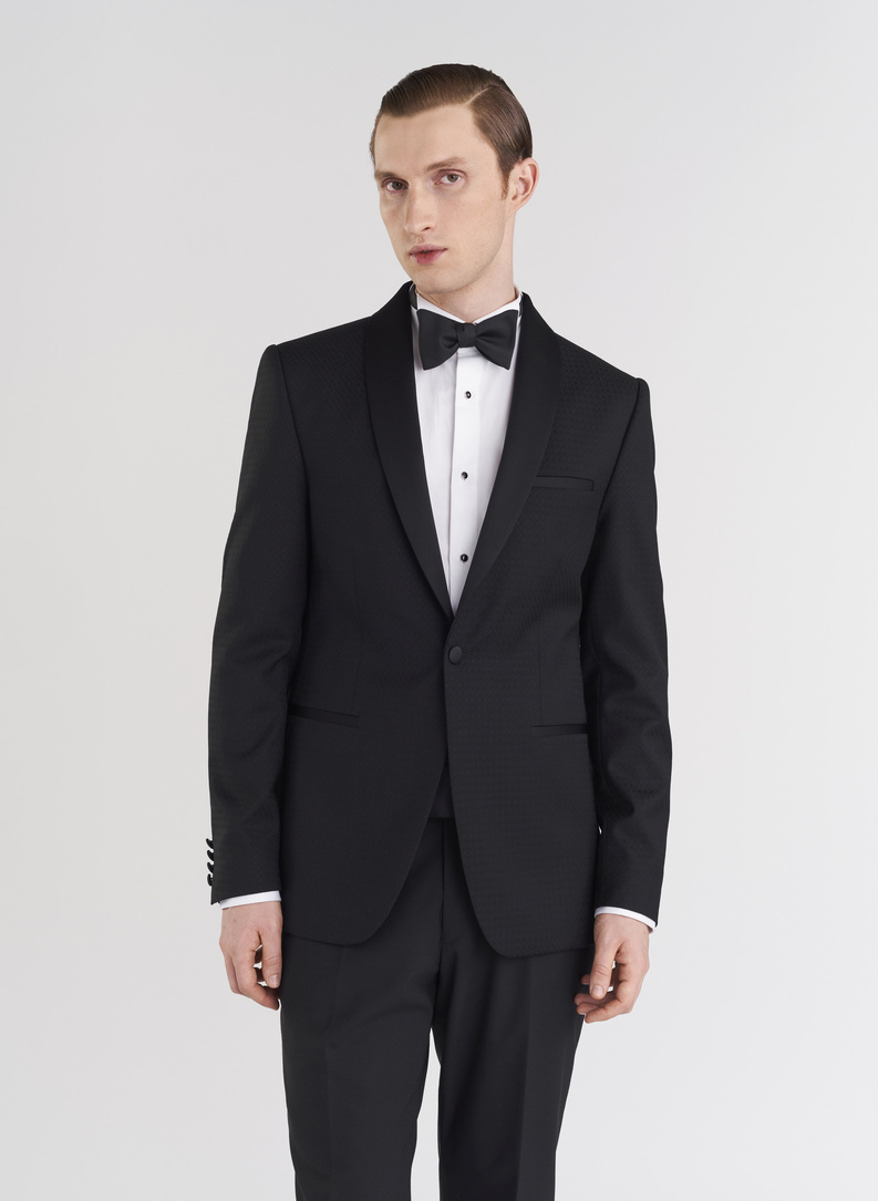 Wełniana czarna marynarka smokingowa w mikrowzór