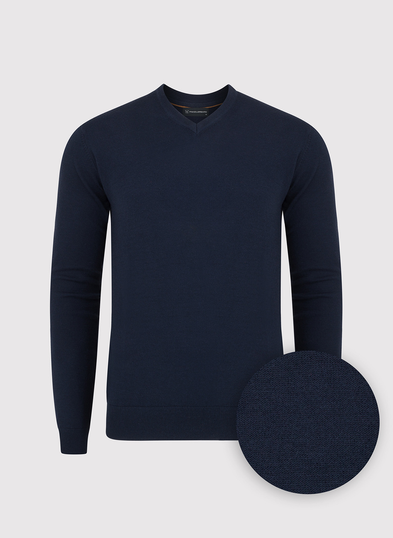 Granatowy męski sweter w serek 