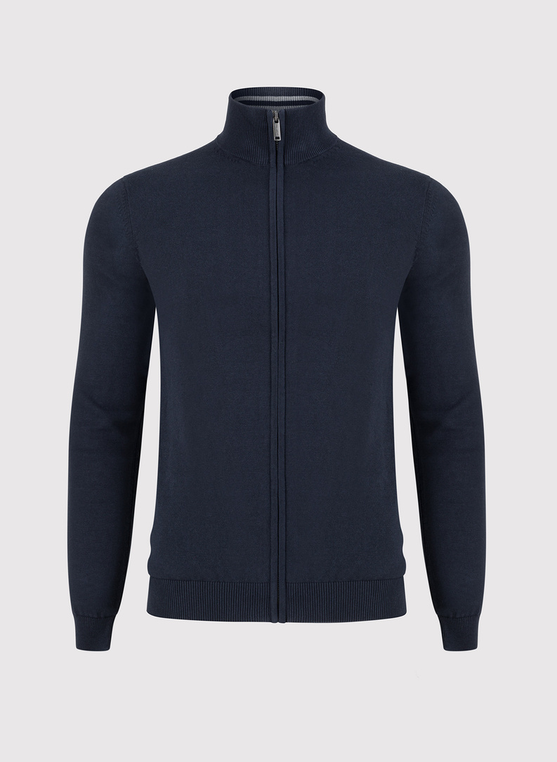 Granatowy rozpinany sweter męski ze stójką