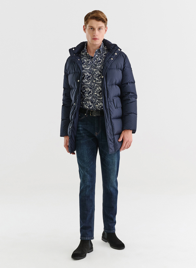 Granatowa długa pikowana kurtka