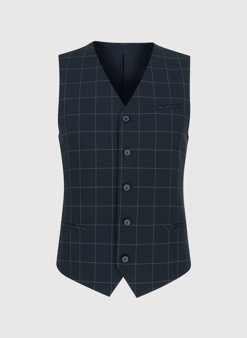 Trzyczęściowy granatowy garnitur męski w kratę