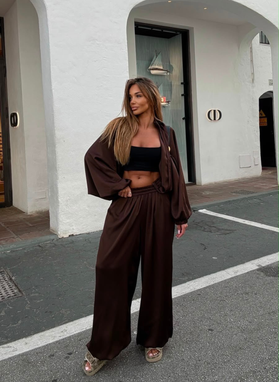 Komplet bluza i spodnie SATIN COZY brązowy