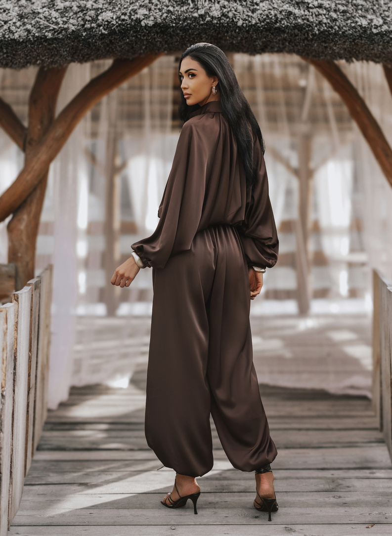 Komplet bluza i spodnie SATIN COZY brązowy
