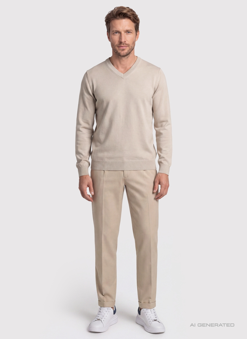 Beżowy sweter męski w serek