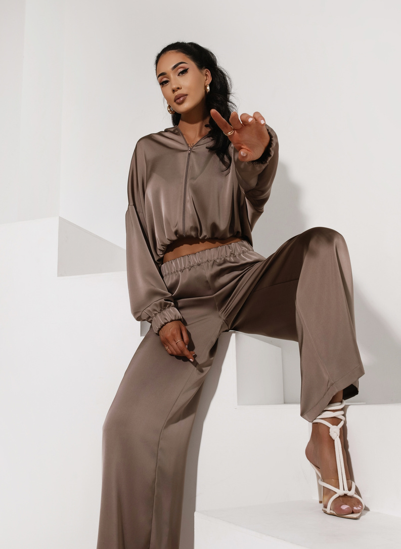 Komplet BLUZA ROZPINANA + SZEROKIE SPODNIE mocca