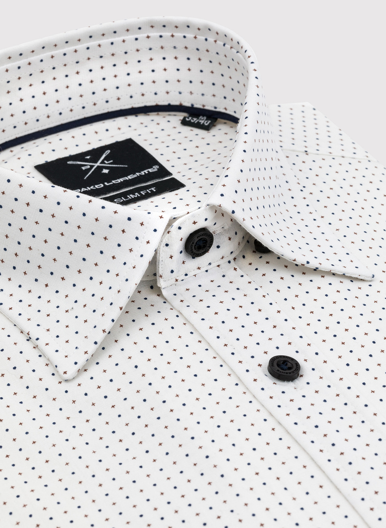 Biała koszula w granatowo-beżowy mikrowzór