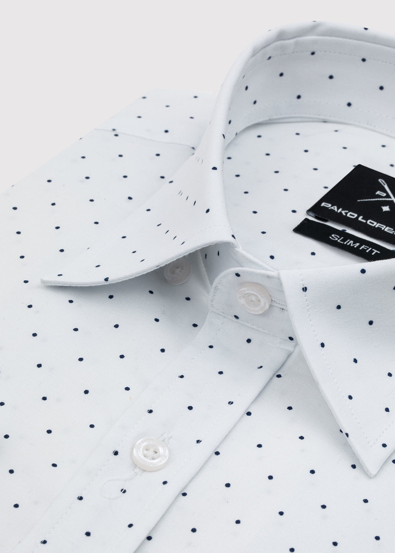 Biała koszula męska w granatowe kropki