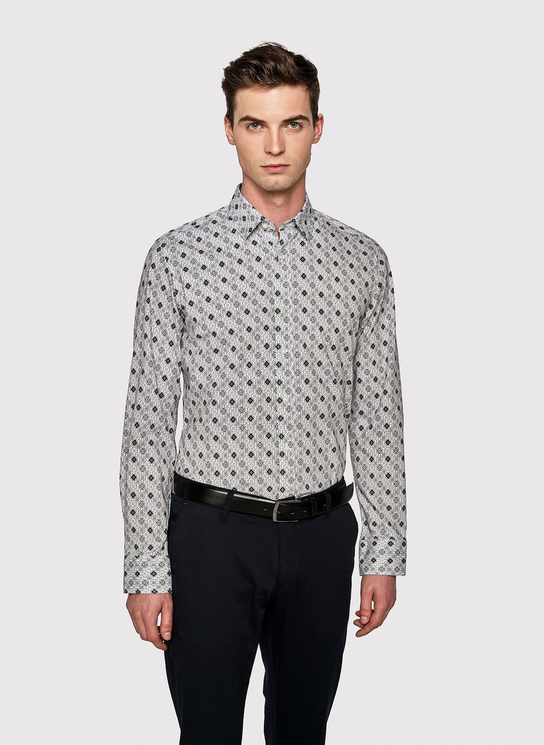 Męska koszula w kolorze białym w granatowo-zielony wzór