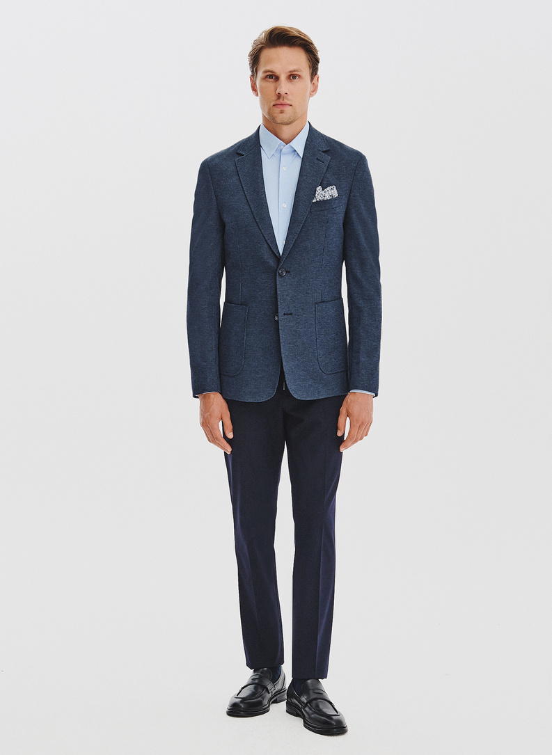 Granatowa marynarka w pepitkę z dzianiny