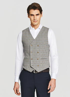 Szara dwurzędowa kamizleka w drobną kratkę