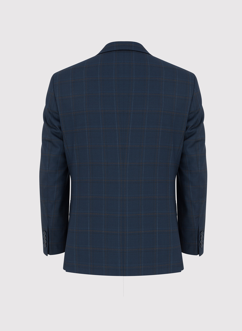 Dwuczęściowy granatowy garnitur męski w kraciasty deseń