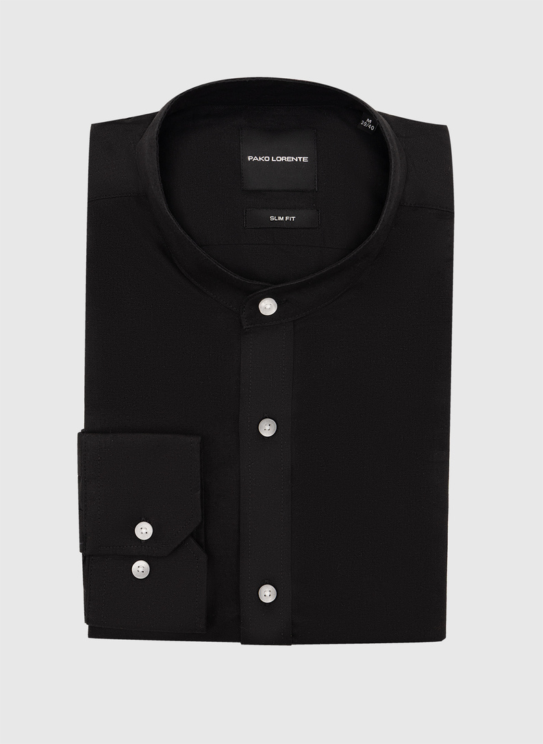 Lniana czarna koszula z kołnierzem stójką