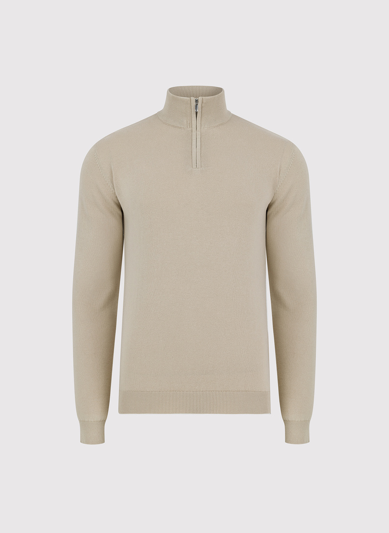 Bawełniany beżowy sweter męski z stójką