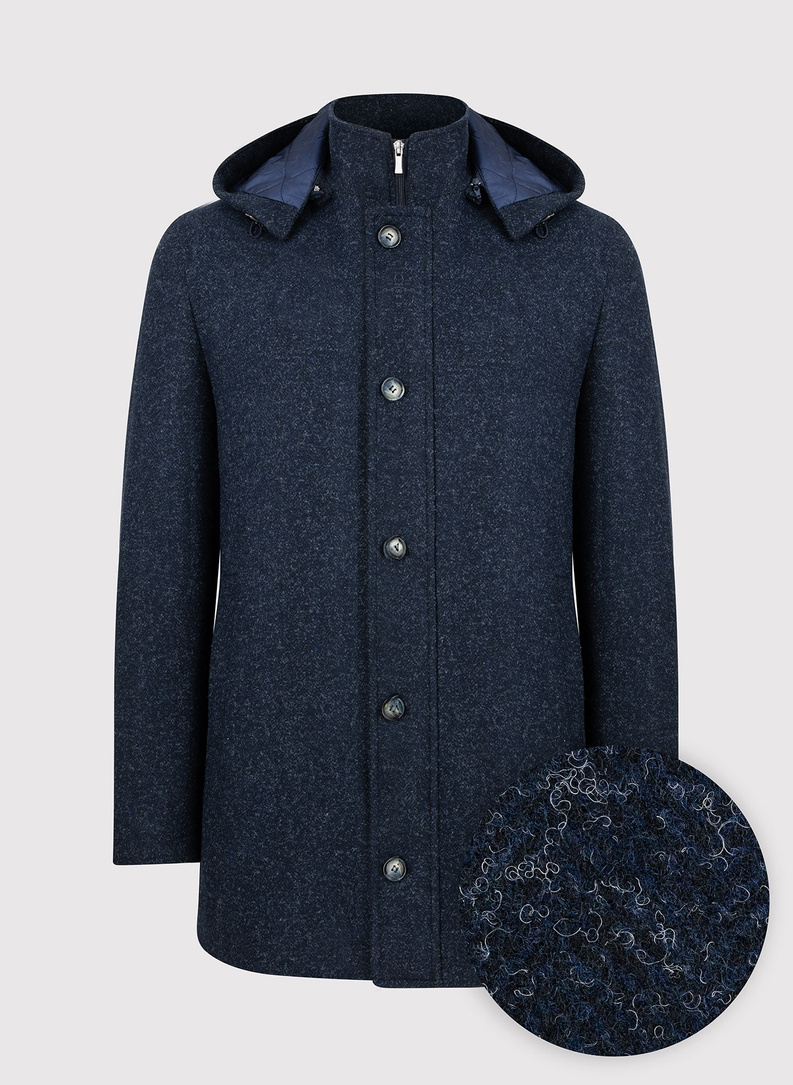 Granatowy płaszcz męski z odpinanym kapturem