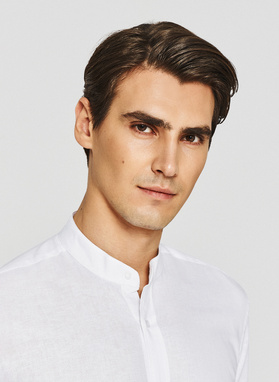 Lniana biała koszula z kołnierzem stójką