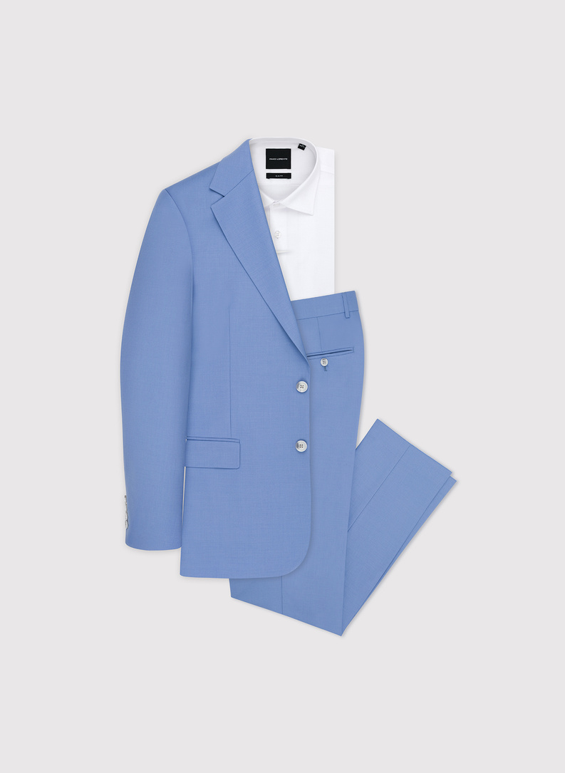 Niebieski wełniany garnitur męski