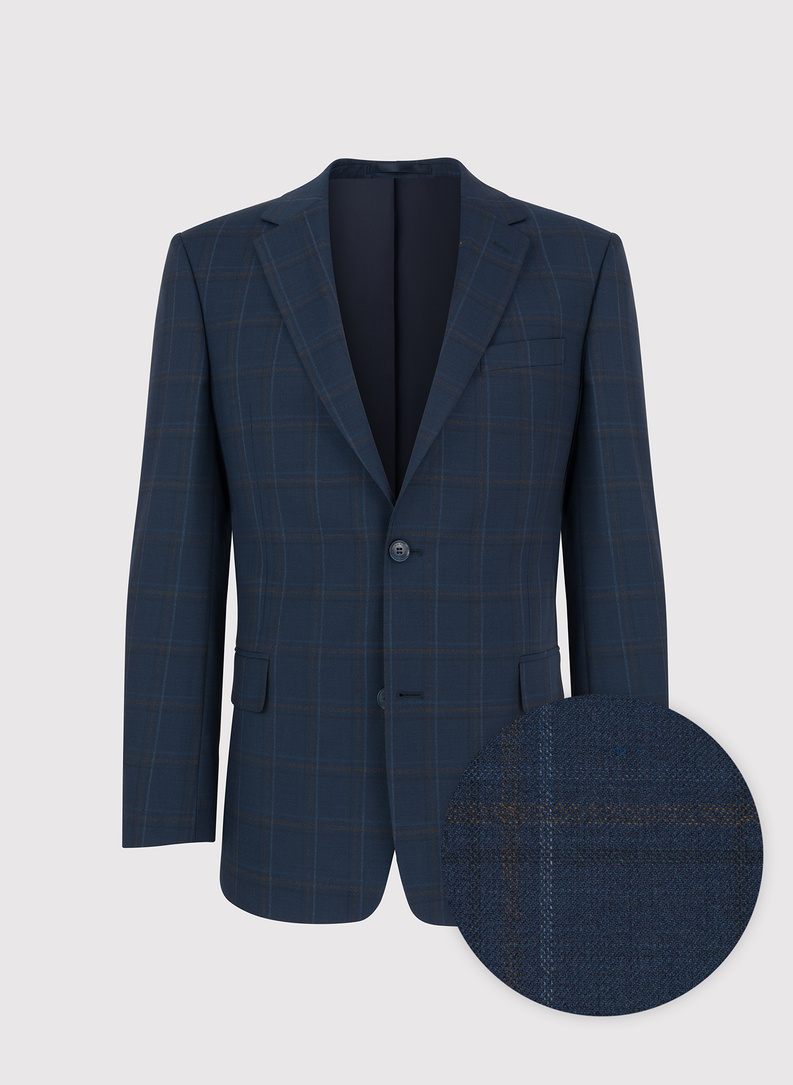 Dwuczęściowy granatowy garnitur męski w kraciasty deseń