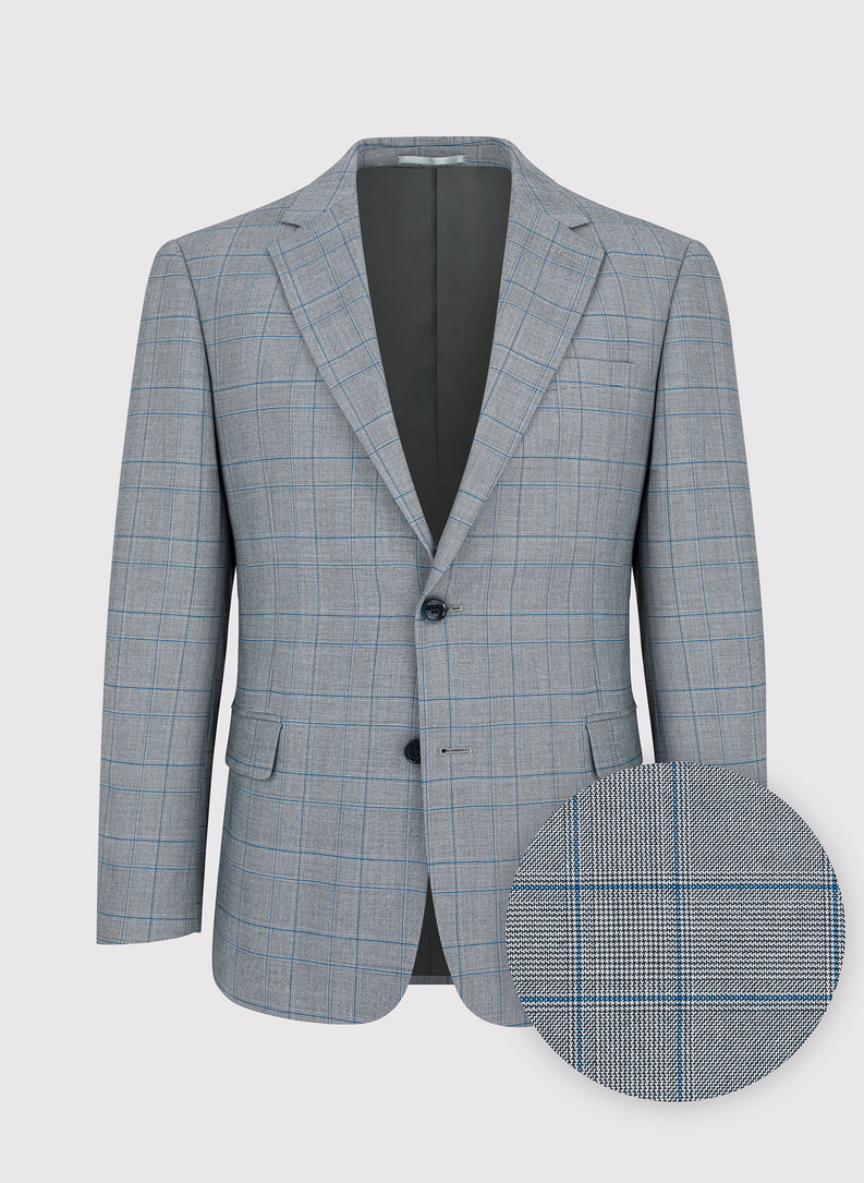 Szary garnitur męski w niebieską kratę