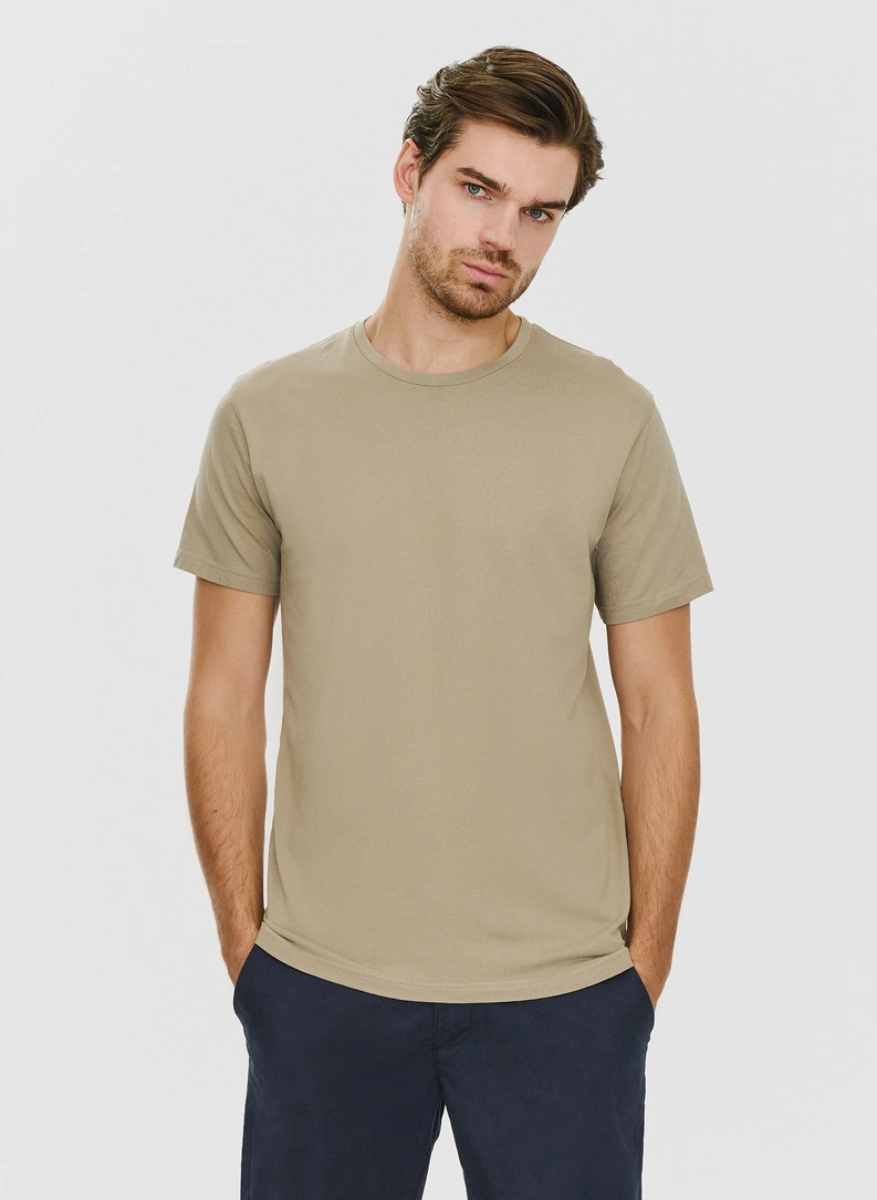 Bawełniany beżowy t-shirt z okrągłym dekoltem - zdjecie nr 1