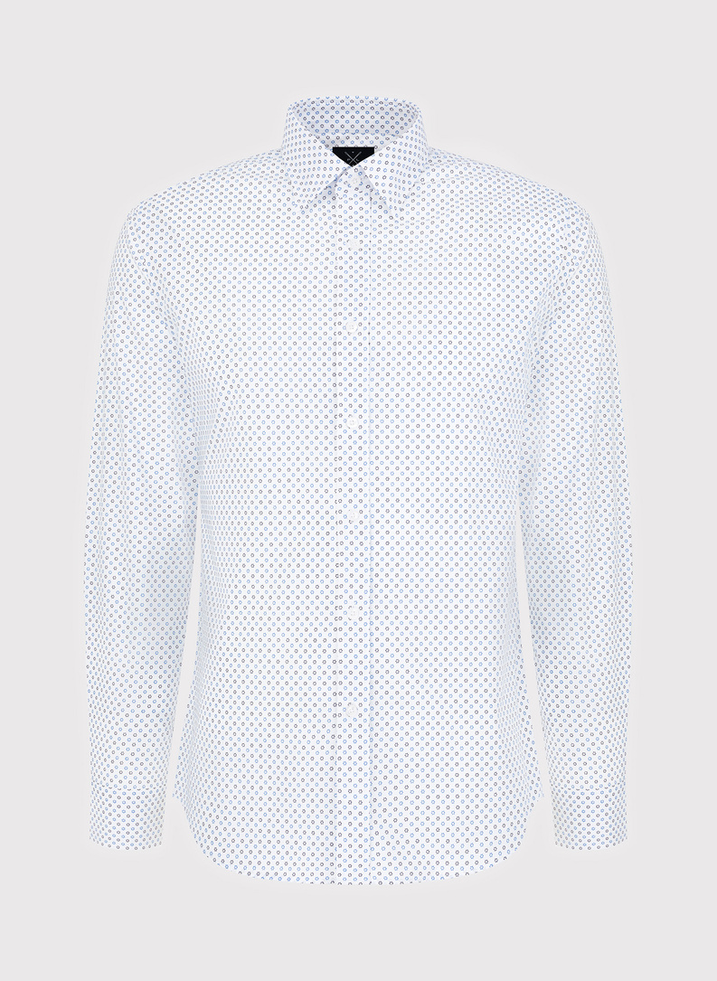 Biała koszula niebieskie trójkąty