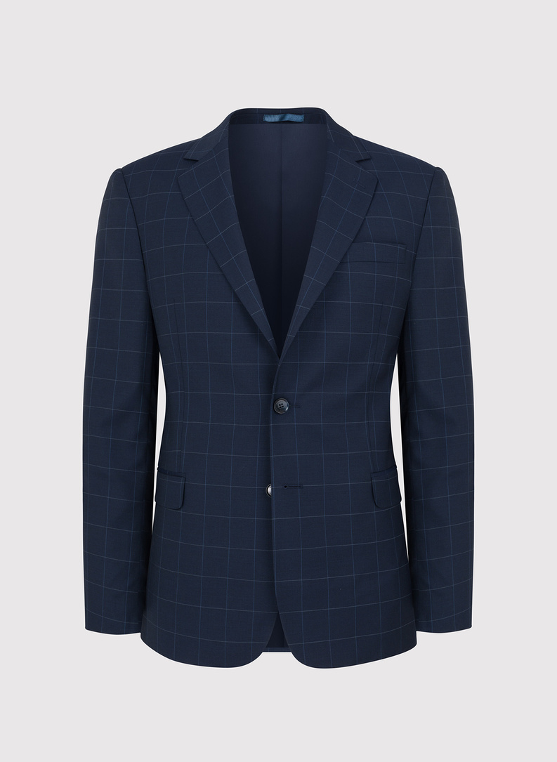 Granatowy garnitur męski w delikatną kratę