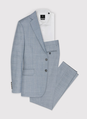 Dwuczęściowy niebieski garnitur męski w kraciasty deseń