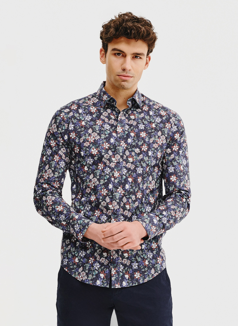 Granatowa koszula męska w kwiaty