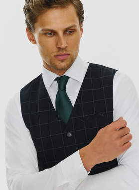 Trzyczęściowy granatowy garnitur męski w kratę