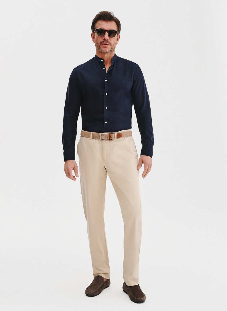 Lniana granatowa koszula męska ze stójką