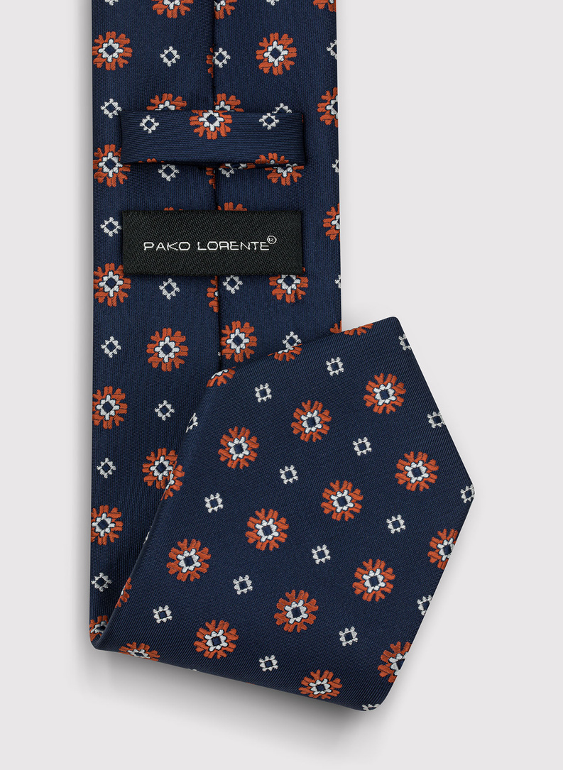 Granatowy krawat w rudo-srebrny wzór