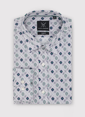 Męska koszula w kolorze białym w granatowo-zielony wzór