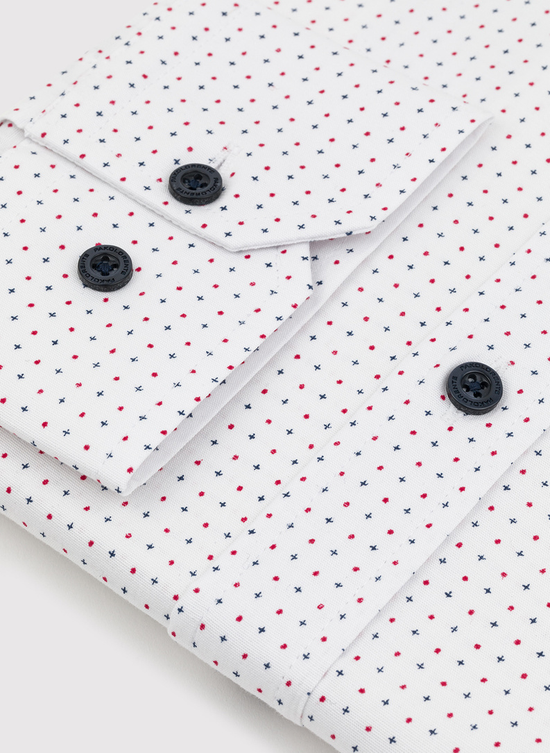 Biała koszula w granatowo-czerwony mikrowzór