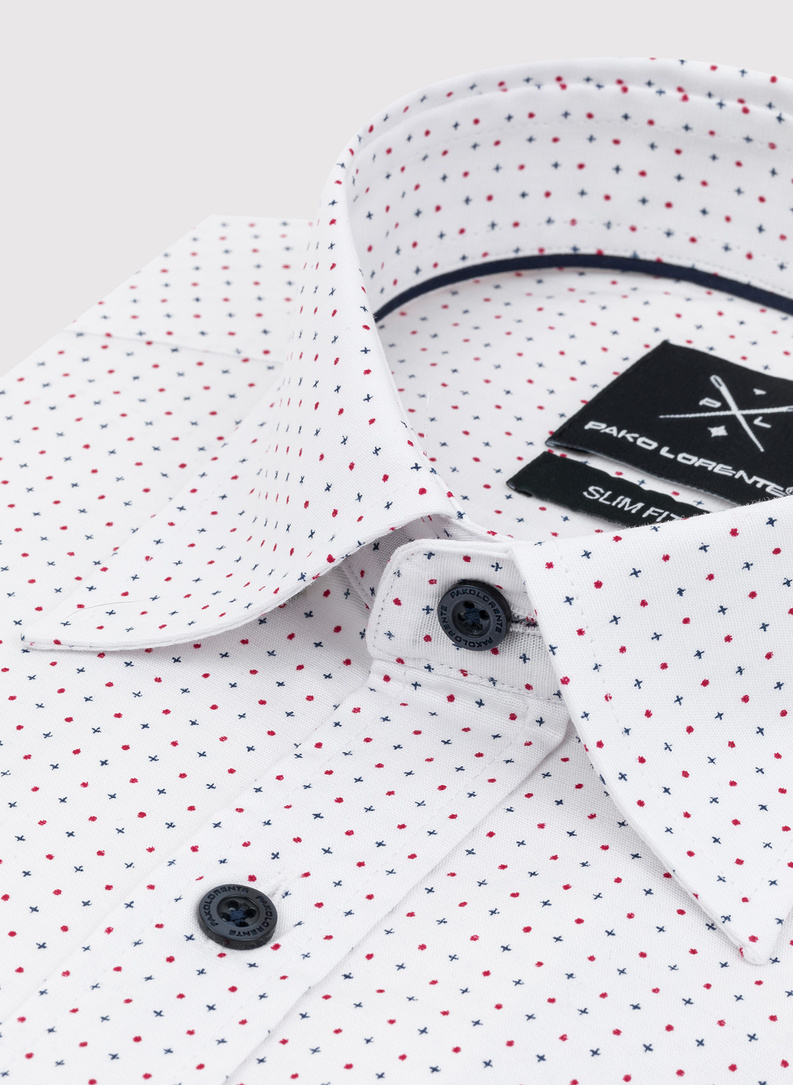 Biała koszula w granatowo-czerwony mikrowzór