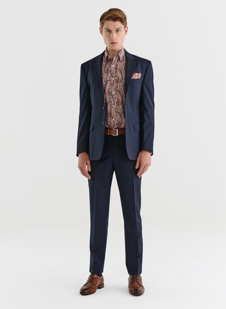 Granatowy garnitur w kratę Windowpane