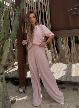 Lniany komplet damski CELEBRYTKA pudrowy róż
