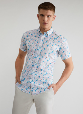 Biała koszula męska na krótki rękaw w kolorowy roślinny deseń