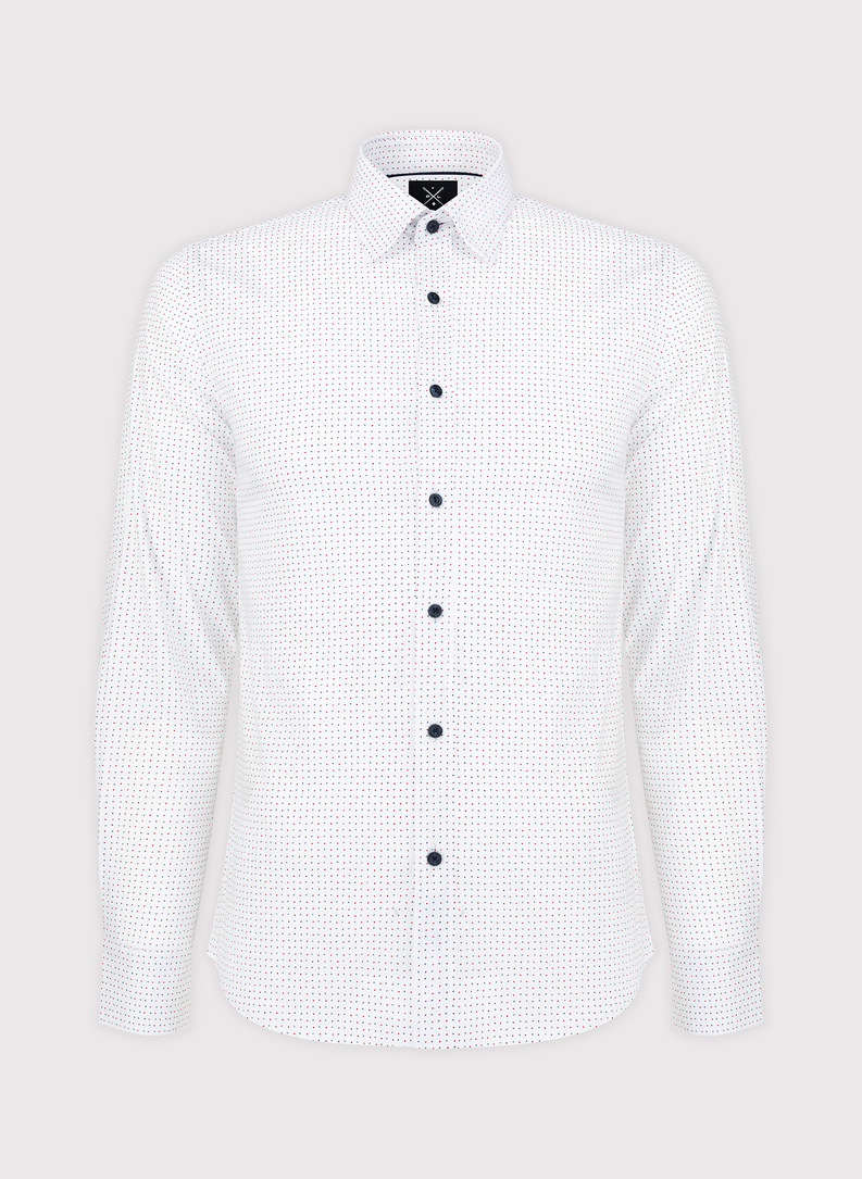 Biała koszula w granatowo-czerwony mikrowzór