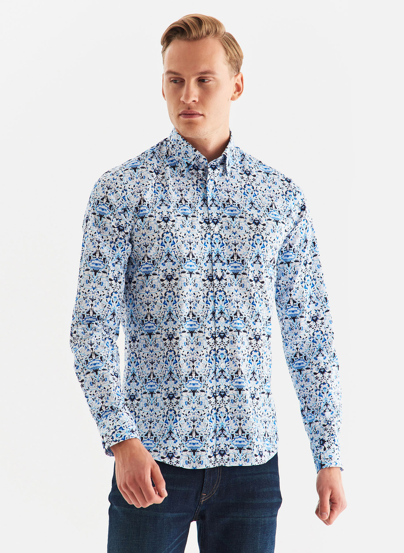 Biała koszula męska w niebieski roślinny wzór